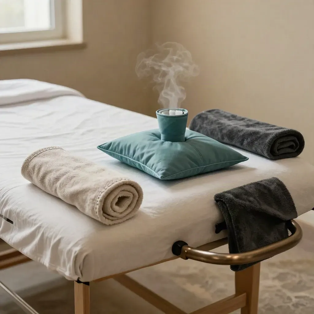 Therapy bed with towels, bolster, hot-cold pack and weighted blanket in a calm clinic room