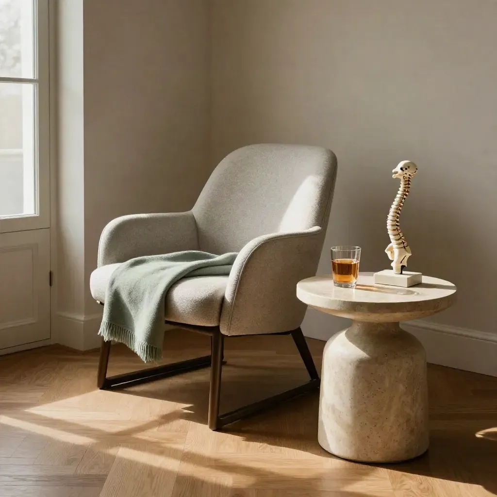 Calm clinic chair, stone side table, water glass, folded throw and spine model in warm window light.