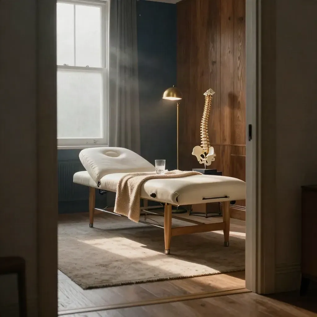 Therapy room with couch, spine model, throw, glass and brass lamp in misty morning light