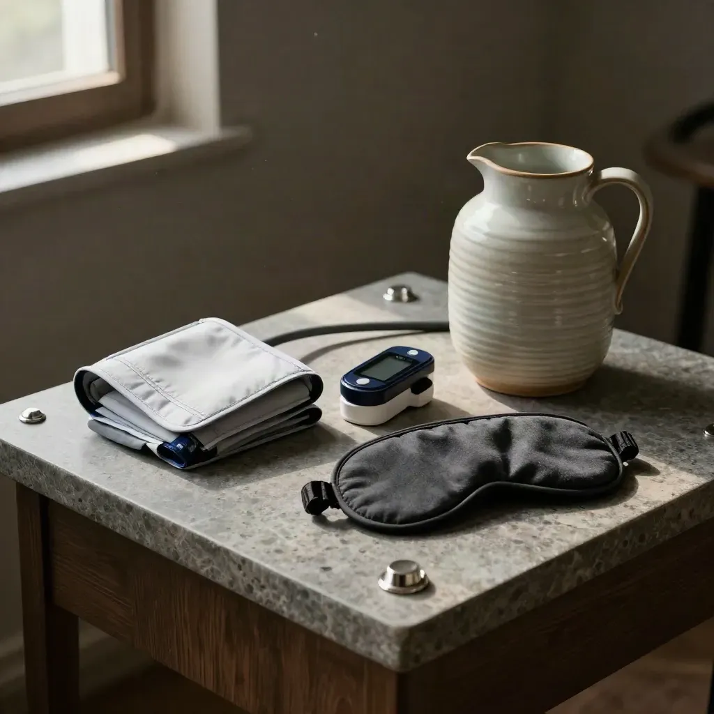 Wellness tools arranged on stone under dramatic clinic light, with haze and a white ceramic jug.