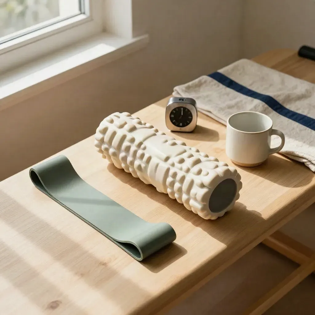 Recovery band, foam roller, timer, and mug arranged on a pale wood bench