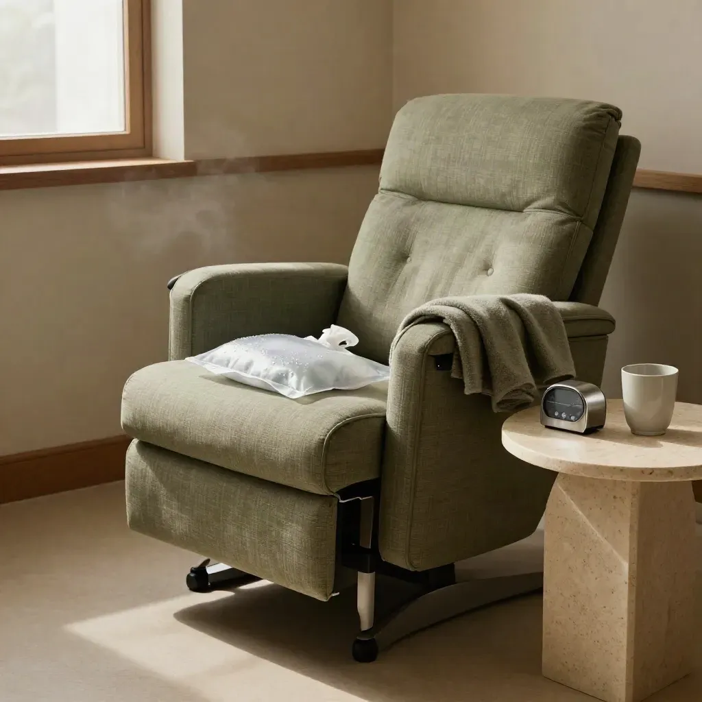 Two clinic chairs, folded blanket, ice pack and timer in a quiet follow-up bay.