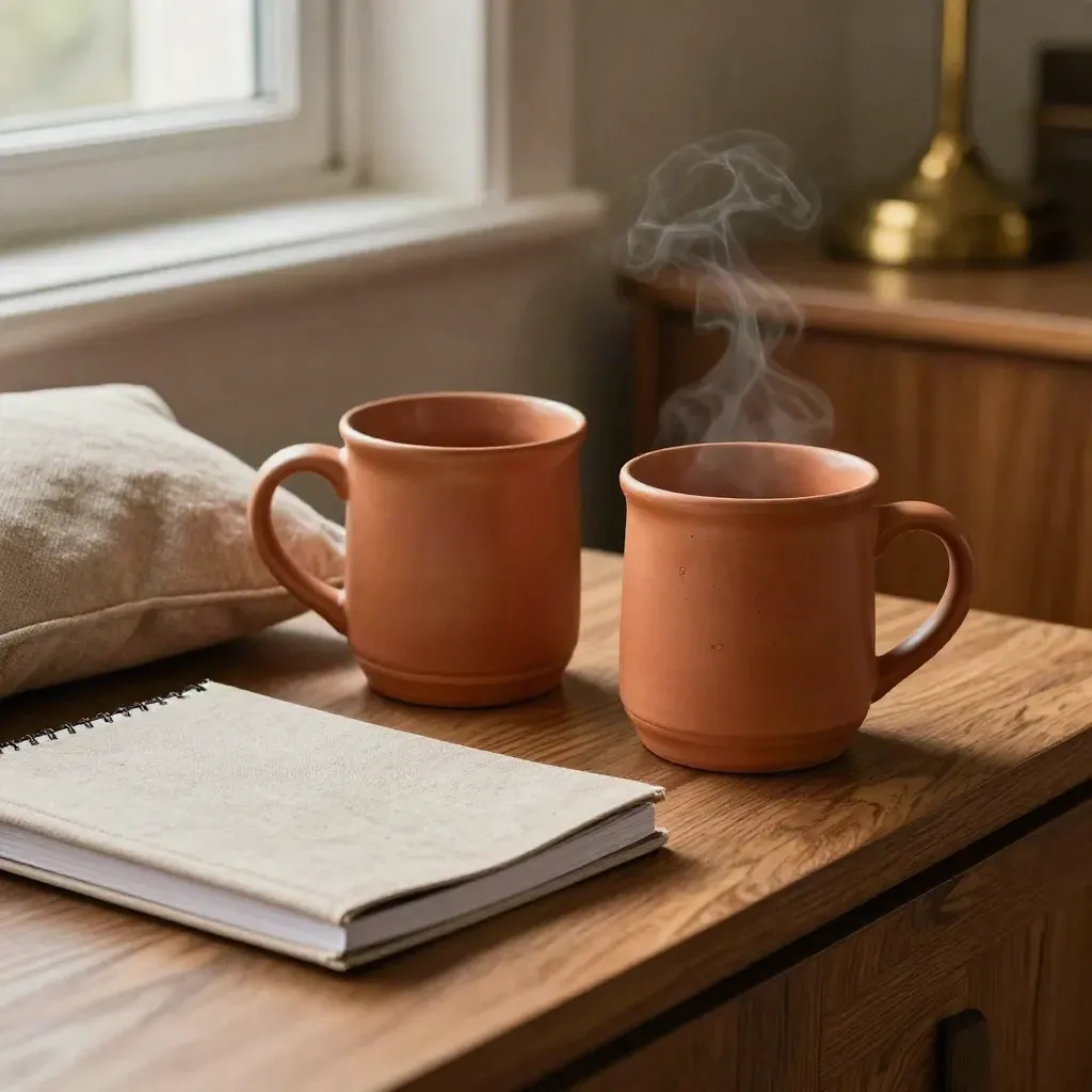 Close-up of a cozy family support nook with mugs, notebook, cushions and warm sideboard light.