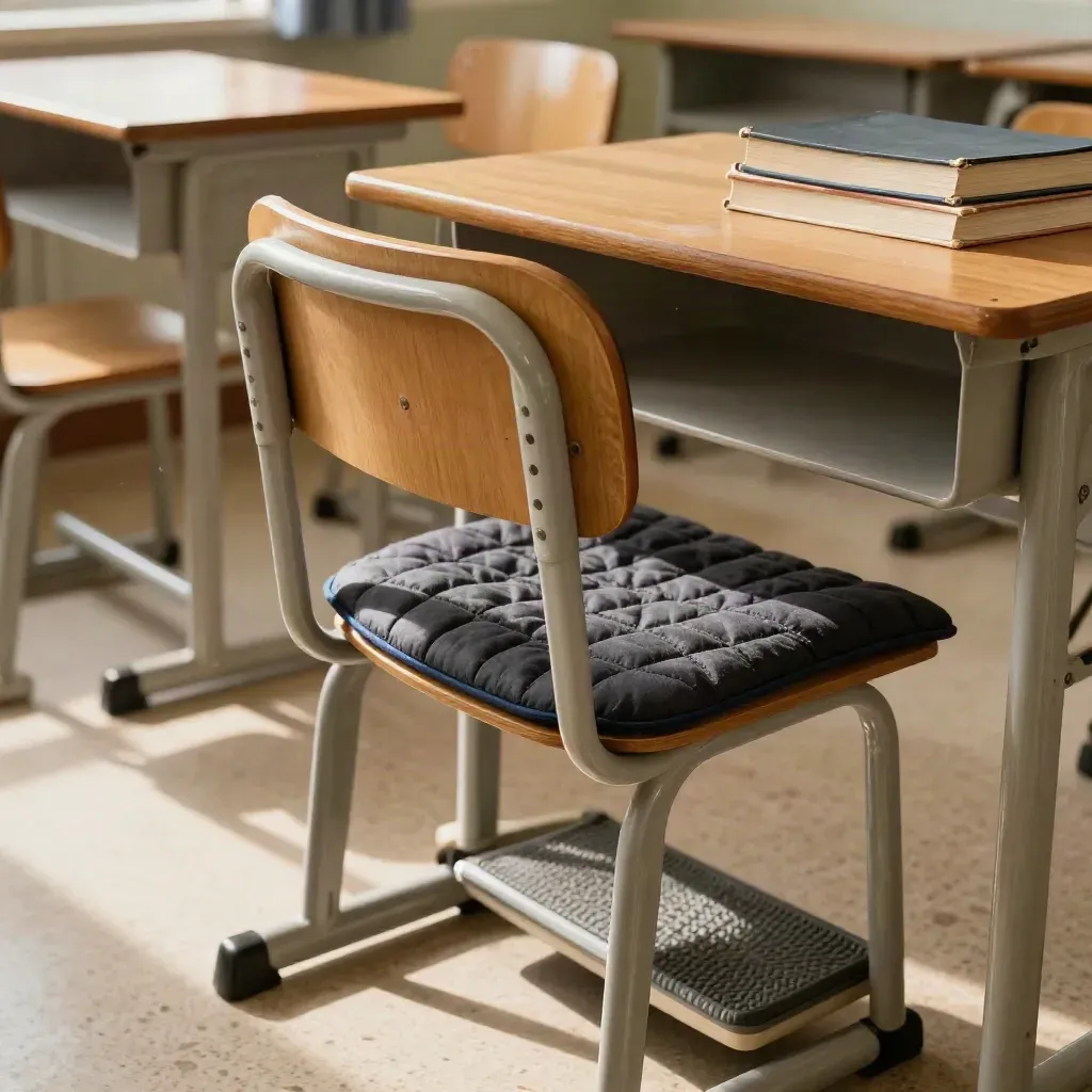 Empty classroom desk with lumbar cushion, footrest and stacked books in warm window light.