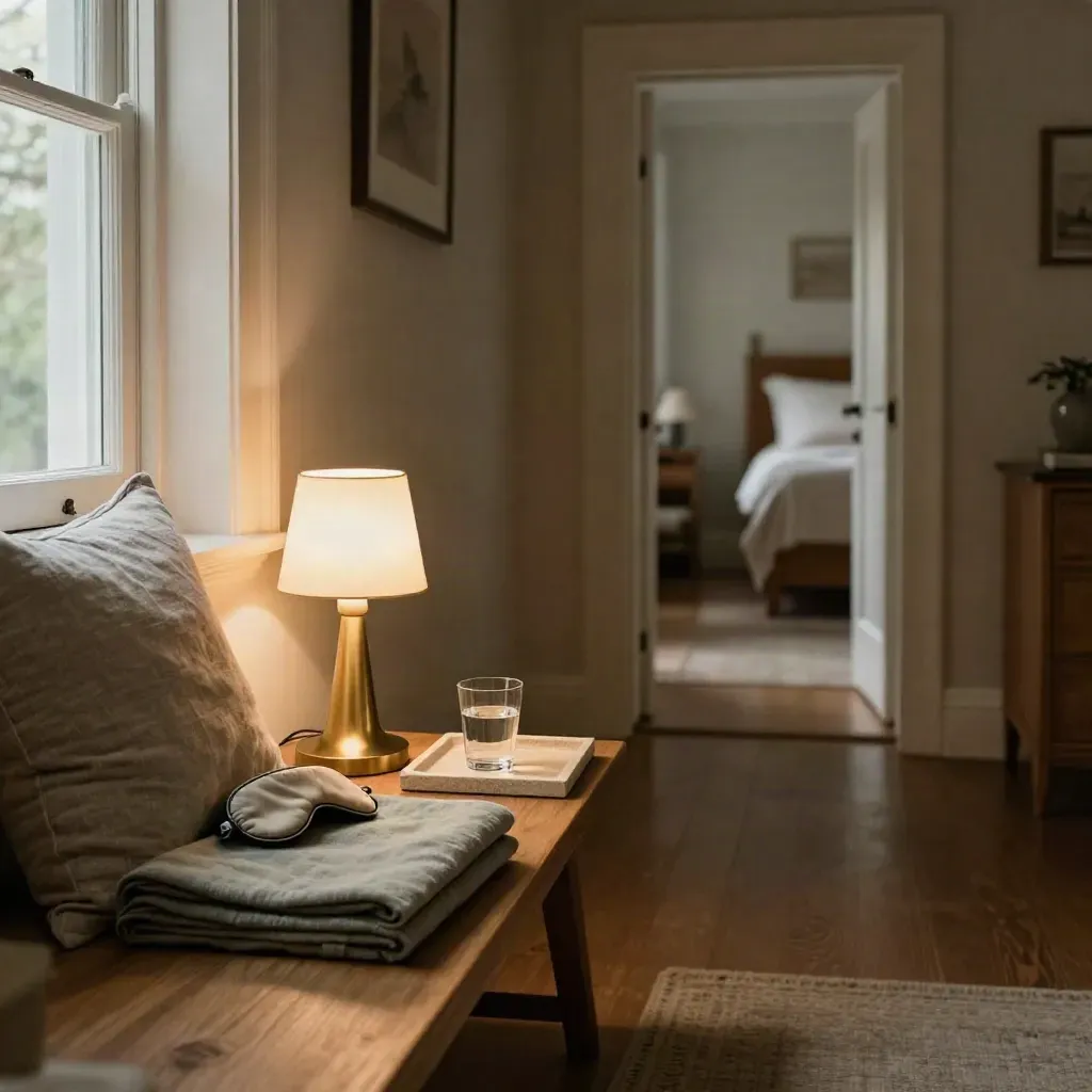 Warm bedside routine corner with lamp, throw, sleep mask, water glass, and quiet hallway