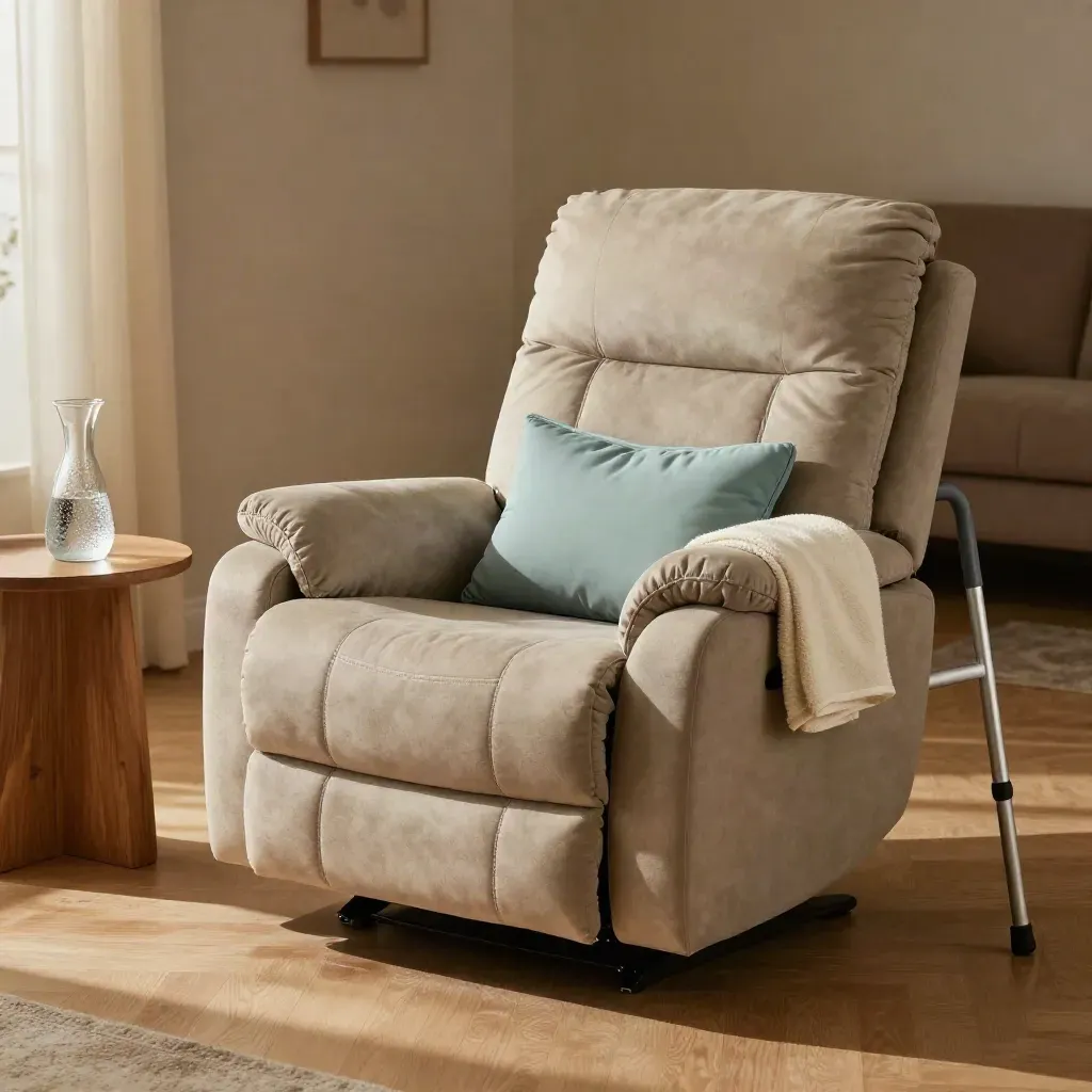 Recovery recliner setup with wedge pillow, cooling pack, water carafe and walking aid in a living room corner.