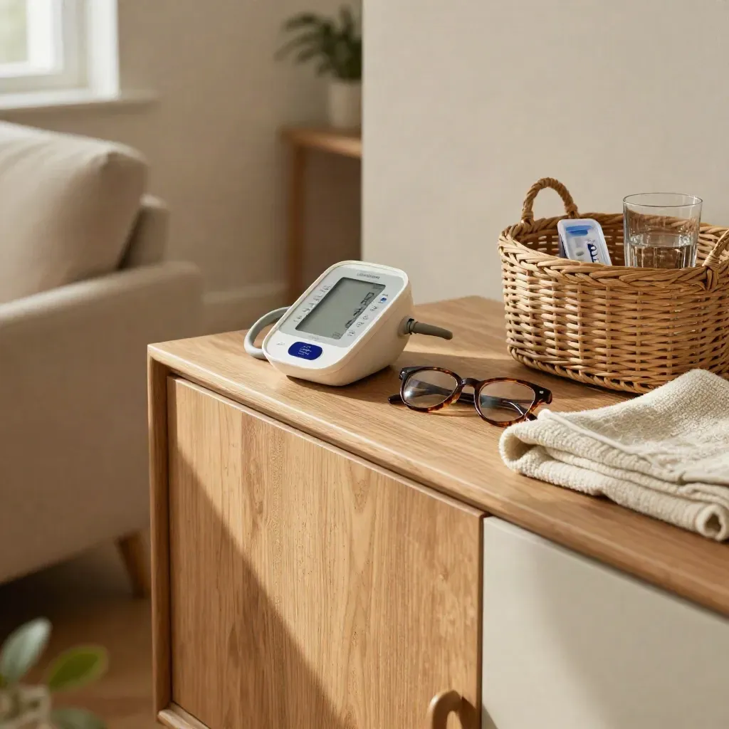 Sideboard with BP monitor, glasses, blanket and care basket in a warm living room