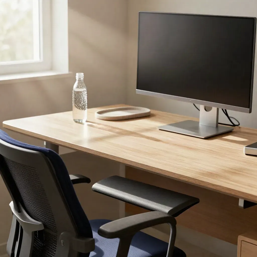 Ergonomic office workstation with raised monitor, lumbar cushion, footrest and water bottle in warm morning light.
