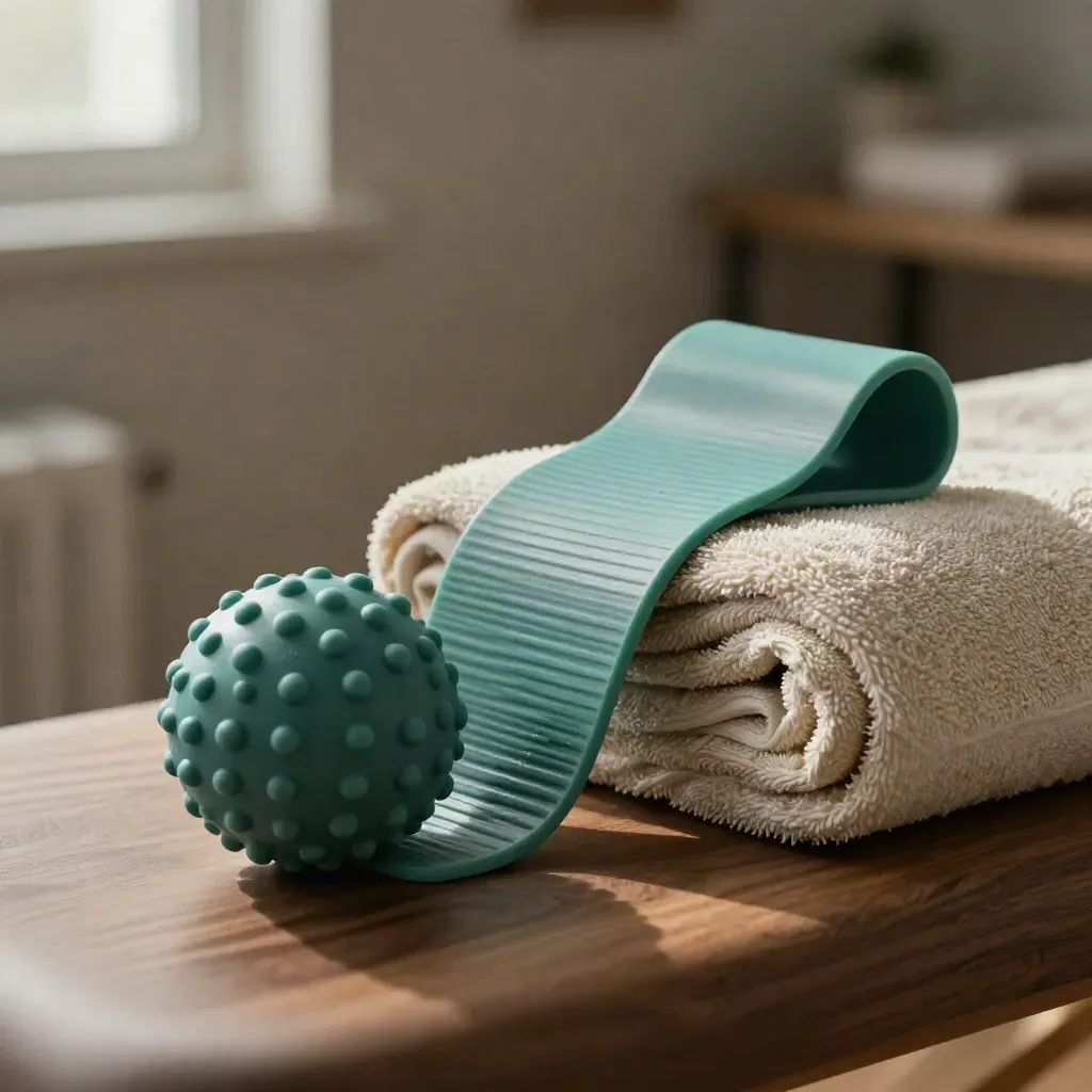 Macro still life of band, massage ball and towel on a walnut bench.