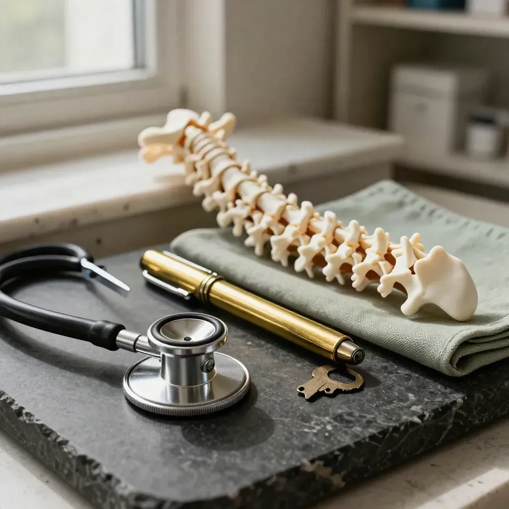 Polished stethoscope, brass penlight and spine segment on dark stone in dramatic clinic light.