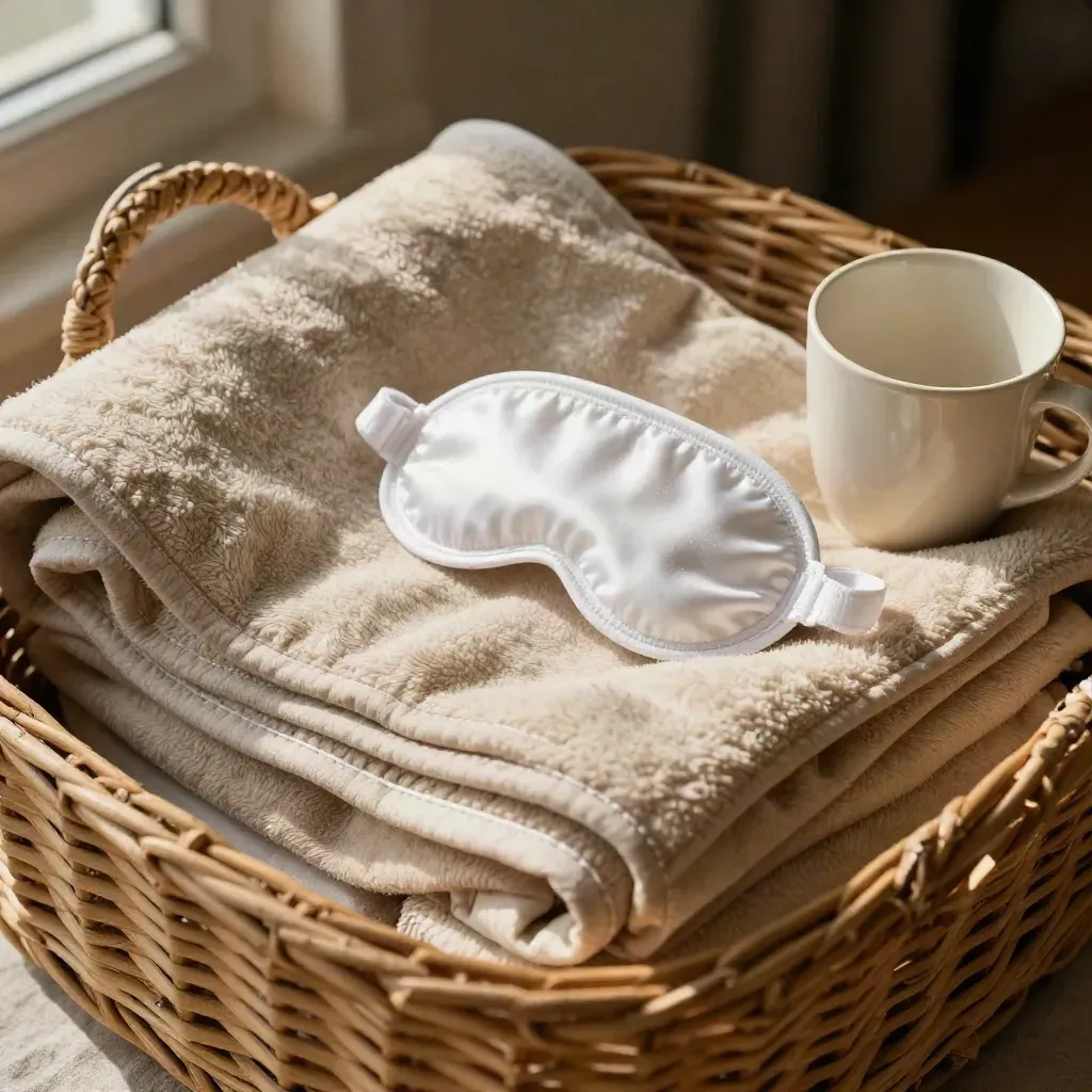 Therapy kit basket with folded blanket, eye mask and ceramic cup