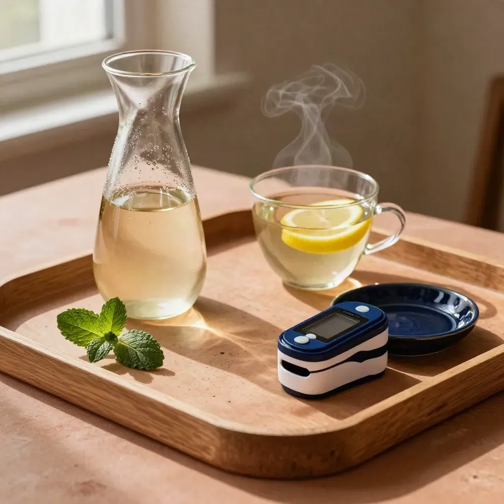 Tea, lemon, mint, carafe and pulse oximeter on a terracotta wellness tray.
