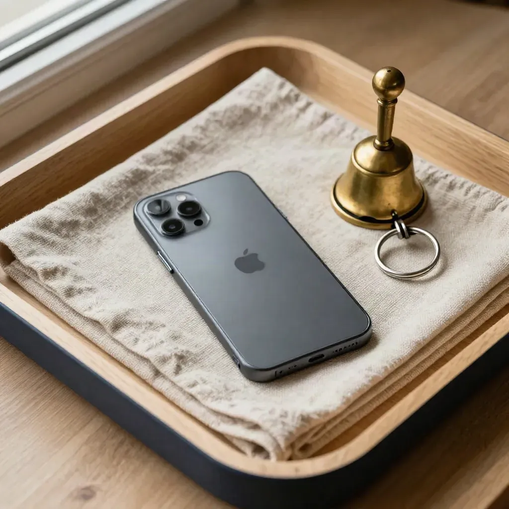 Face-down smartphone, brass bell and key ring on a linen tray on pale wood.