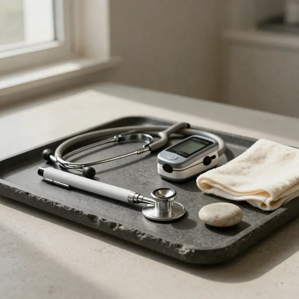 Clinician tools on a dark stone tray with soft side light and pale concrete background.