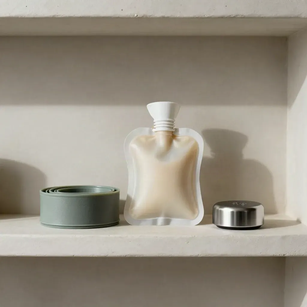 Sage care kit with band, gel pack, and timer on a plaster shelf in soft side light.