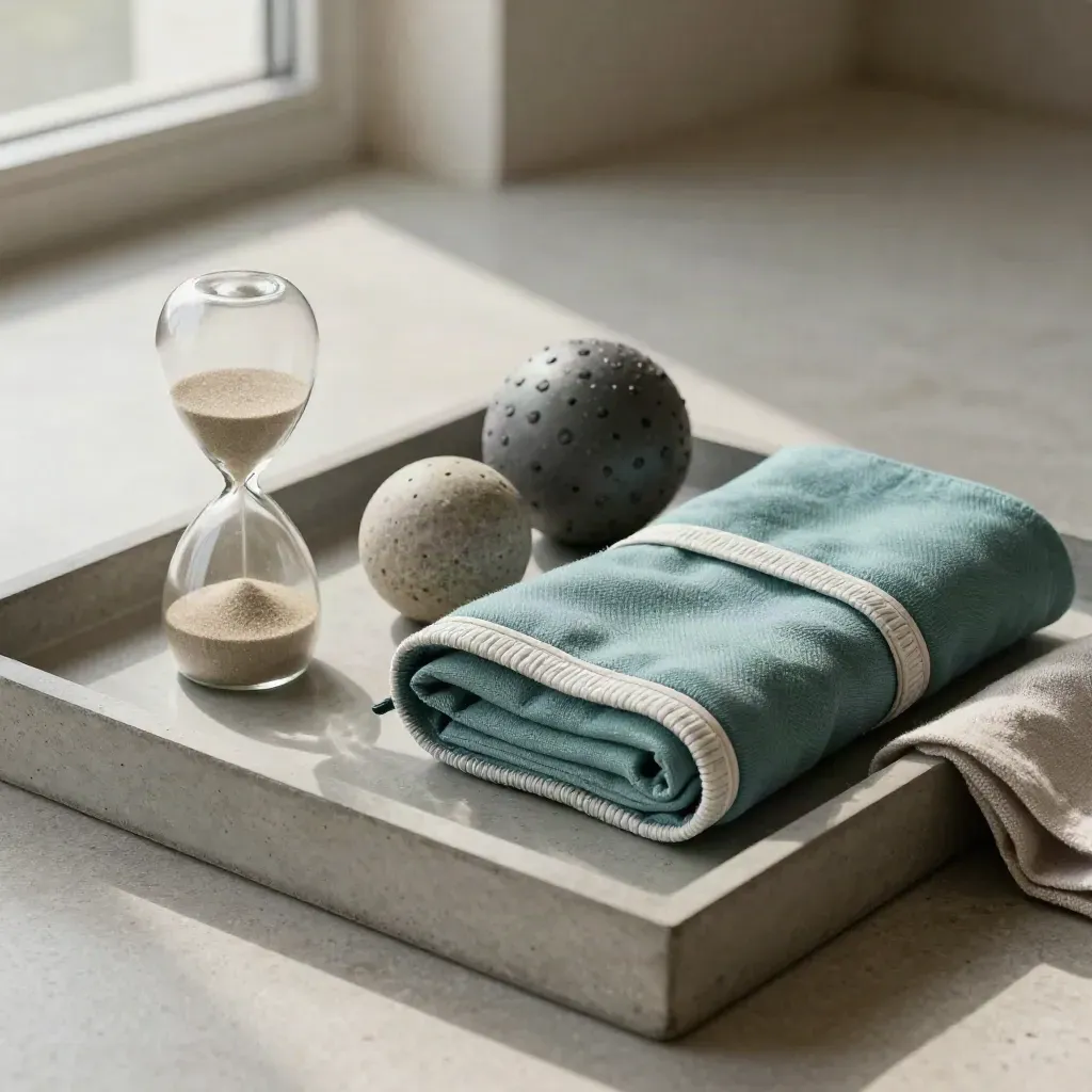 Hourglass, therapy balls and cooling wrap on a stone tray