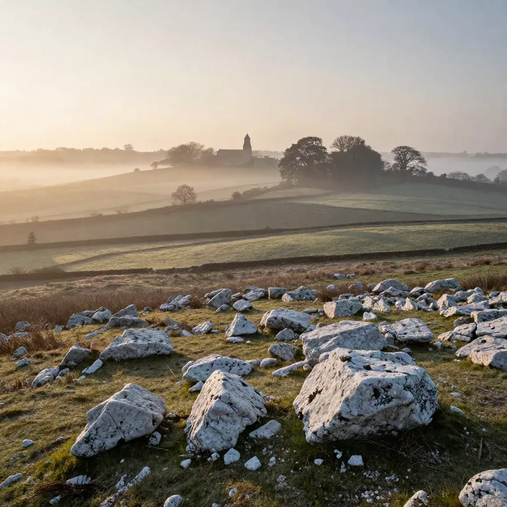 Misty Surrey Hills ridge with a church tower and beech copse