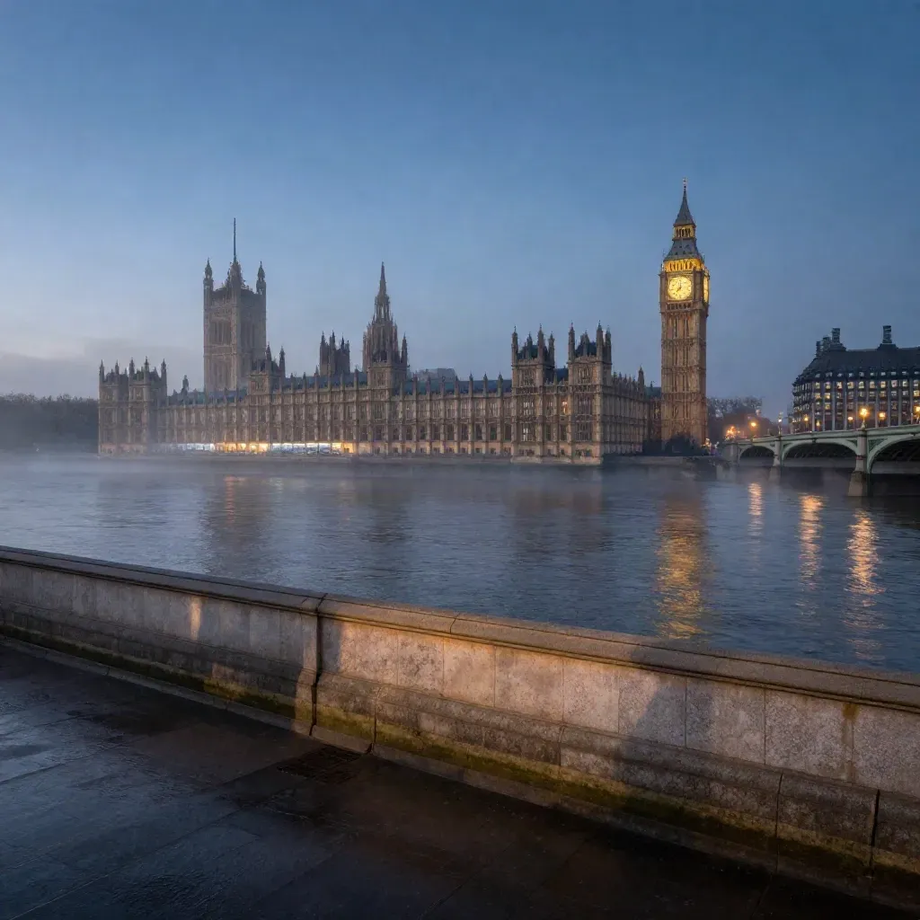 Westminster skyline over the Thames in mist at blue hour, lights beginning to glow