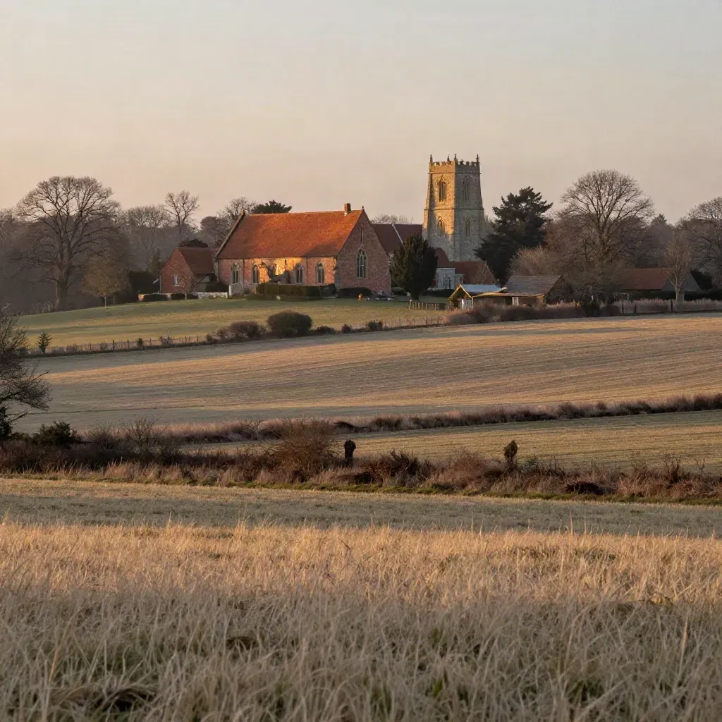 Amber Hertfordshire fields with a manor roofline and distant flint church tower at dusk.