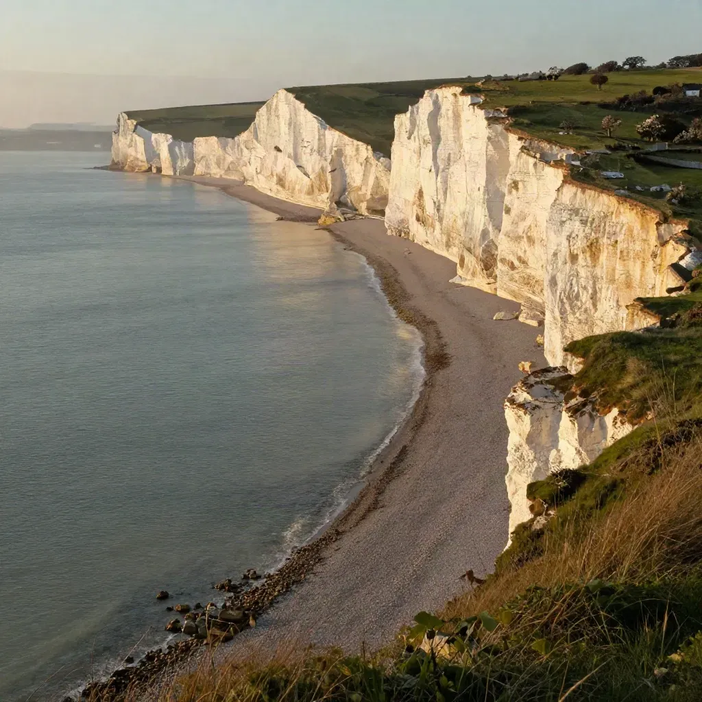Kent white cliffs above a misty slate sea at golden hour, with orchards on the cliff top